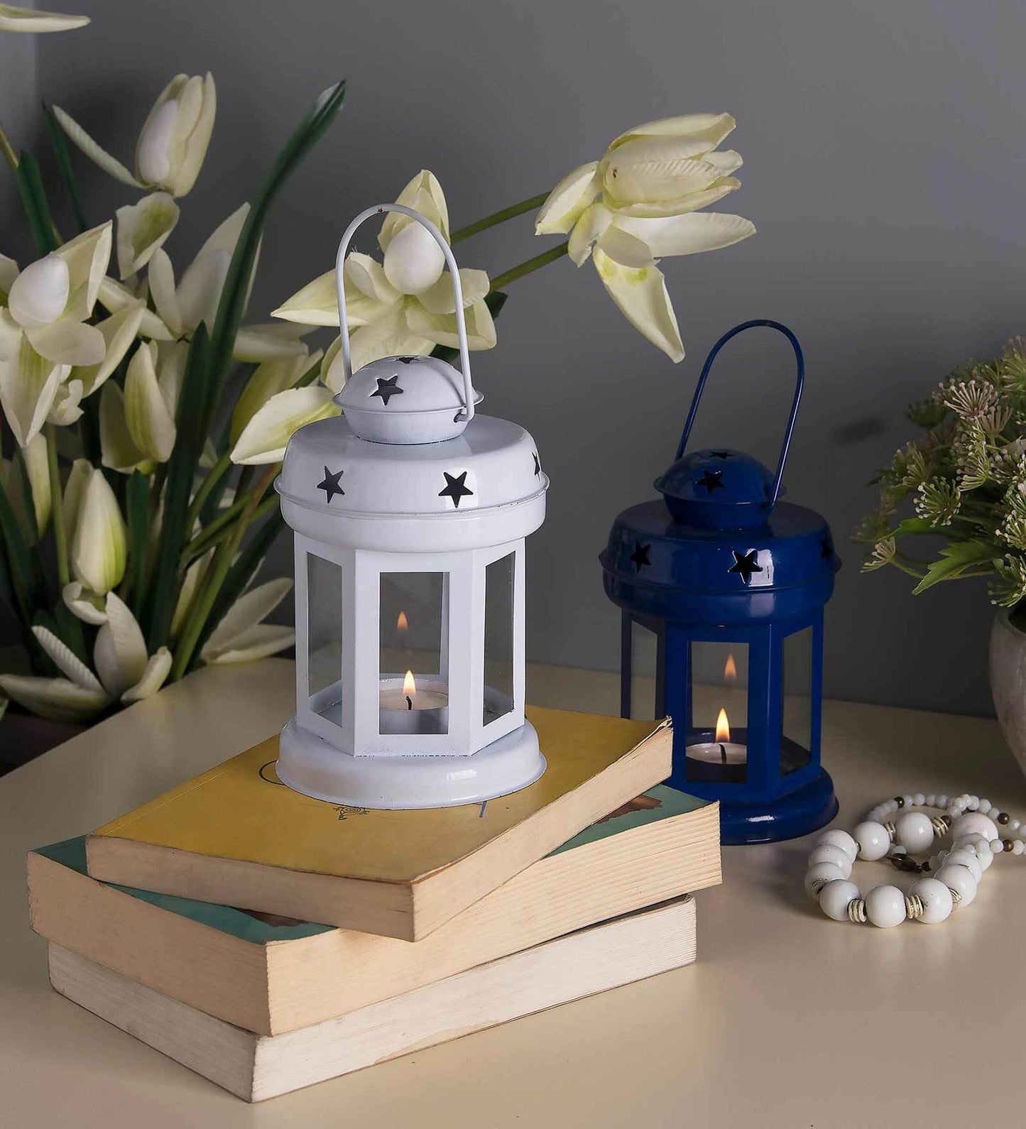 Candy Mini Lanterns, Set of 2, Blue & White