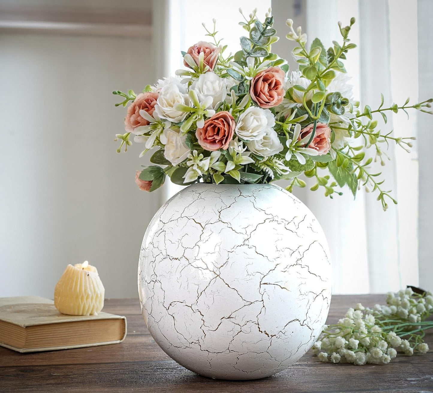 Exclusive Metal FloraSphere Flower Vase - White AurealCrack Print (Large)