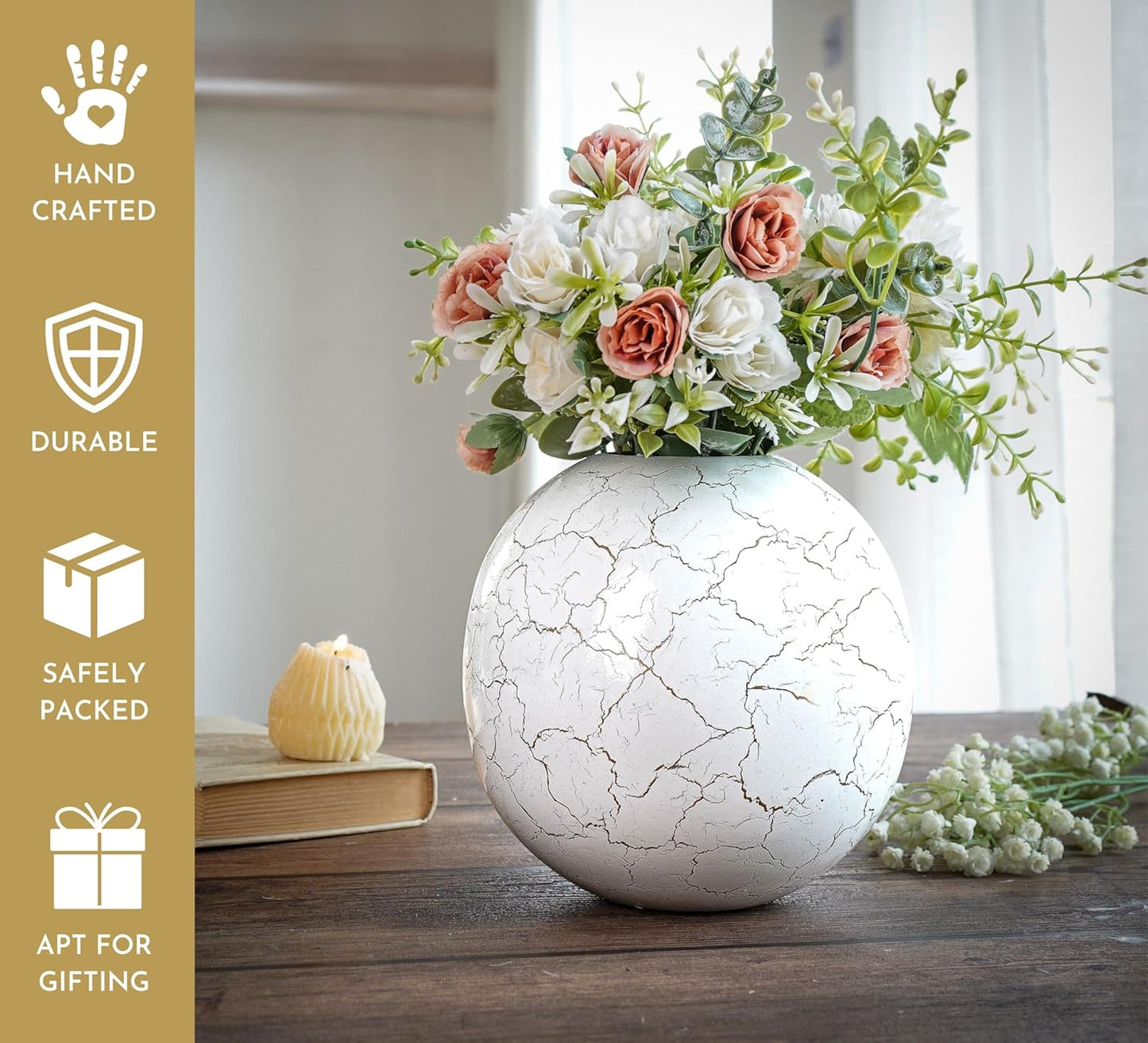 Exclusive Metal FloraSphere Flower Vase - White AurealCrack Print (Large)